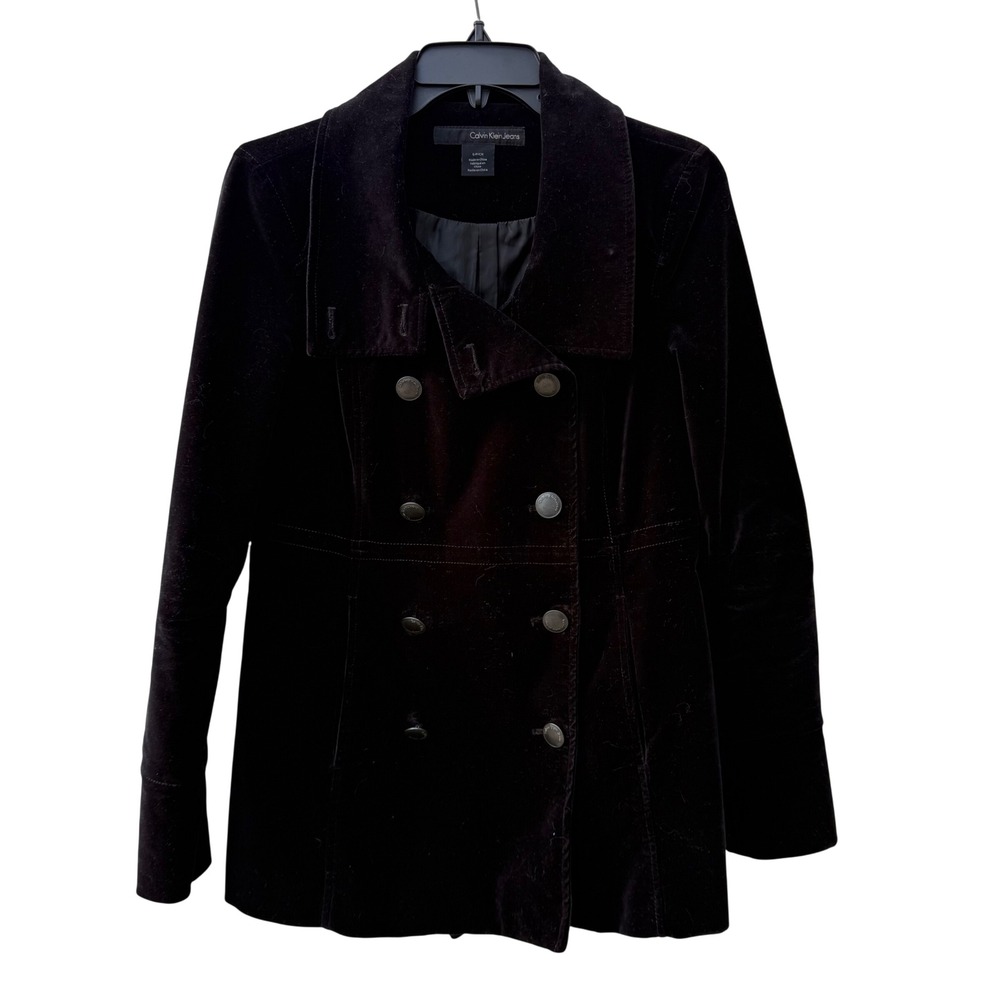 S‎ Calvin Klein Jeans Womens Black Velvet Double Breasted Pea Coat Jacket
